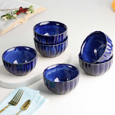 Blue Ribbed Ceramic Bowl Set of 6, 320ML